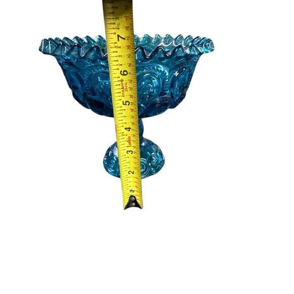 Vintage LE Smith Blue Moon and Stars Glass Ruffle Pedestal Compote Bowl Dish - Picture 6 of 7